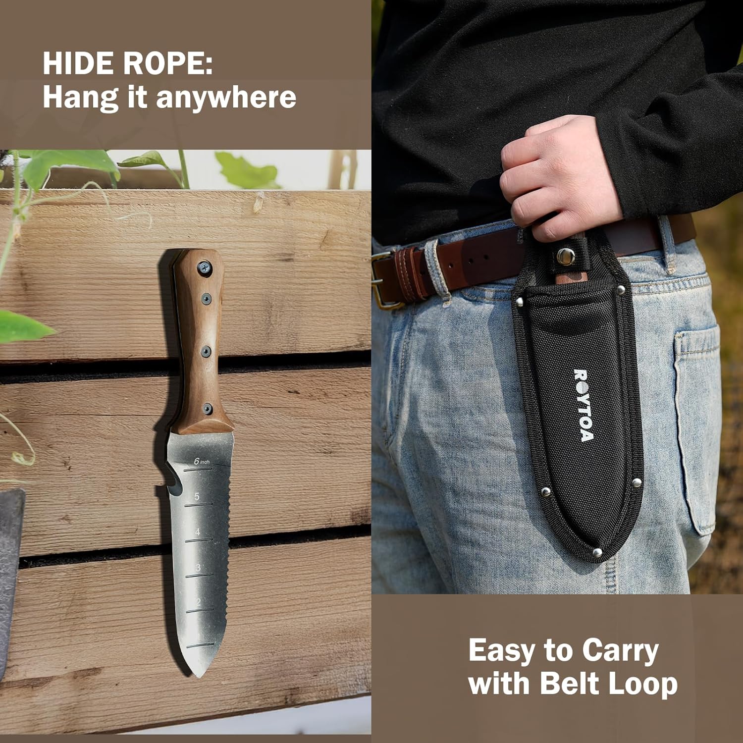 Hori Hori Garden Knife, Garden Tools with Sheath for Weeding,Planting,Digging, 7" Stainless Steel Blade with Cutting ... - Image 5