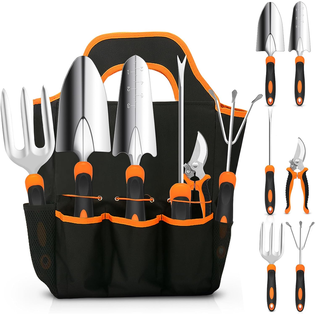 Gardening Tool Set, CHRYZTAL Stainless Steel Heavy Duty Gardening Tool Set, with Non-Slip Rubber Grip, Storage Tote B...