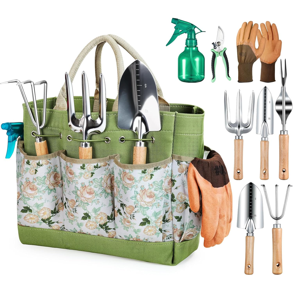 Gardening Tools 9-Piece Heavy Duty Garden Hand Tools with Fashion and Durable Garden Tools Organizer Handbag, Rust-Pr...
