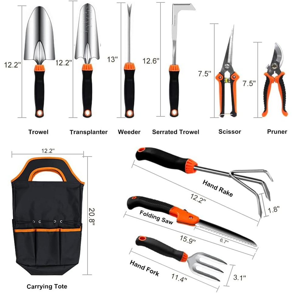 Garden Tool Set,10 PCS Stainless Steel Heavy Duty Gardening Tool Set with Soft Rubberized Non-Slip Ergonomic Handle S...